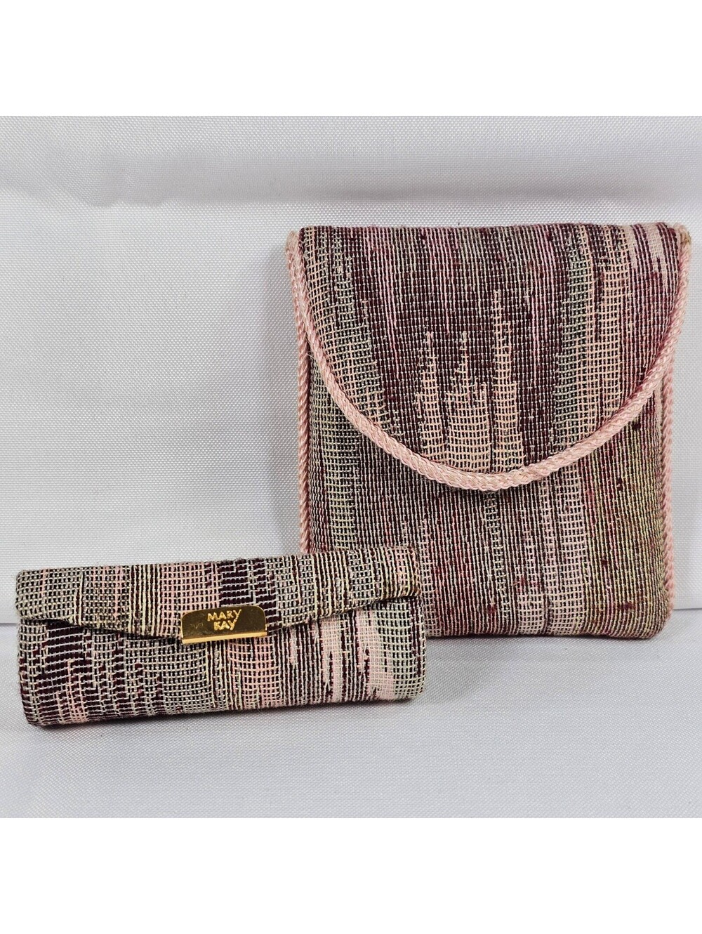 Vintage Mary Kay Woven Tapestry Lipstick Case and Compact Pouch Set Pink Gold